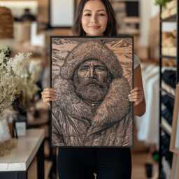 Mountain Man Wall Art - Engraved Wood Lithograph Illustration, Large Art, Bearded Rugged Portrait Alaskan Painting, Cabin Home Decor - thumbnail 3