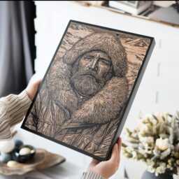 Mountain Man Wall Art - Engraved Wood Lithograph Illustration, Large Art, Bearded Rugged Portrait Alaskan Painting, Cabin Home Decor - thumbnail 1
