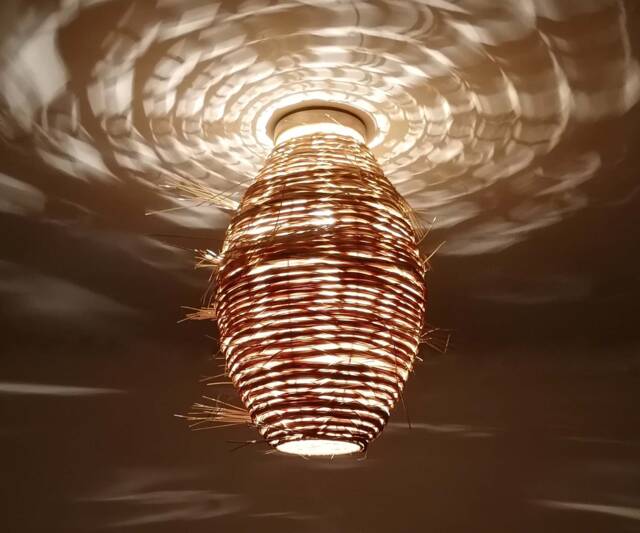 "Rattan Flush Mount Lighting Fixture, Rugby-Shaped Romantic Style Ceiling Light, Size W10.5"" By H15" - image 1