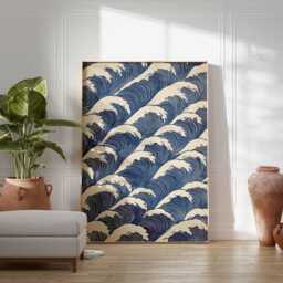 Vintage Japanese Blue Wave Pattern Poster, Modern Geometric Wall Art, Abstract Retro Mid-Century Style Print, Bold Home Decor - thumbnail 3