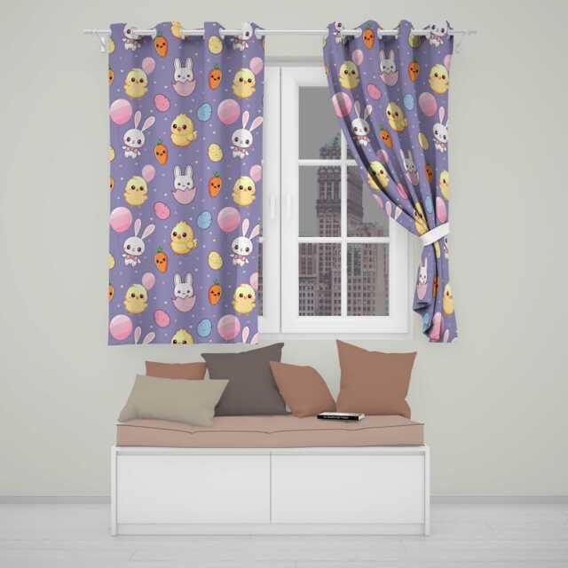 Cute Easter Bunny Chick Carrot Egg Purple Background Seamless Pattern Readymade Eyelet Ring Top Thermal 100% Blackout Curtains - image 1