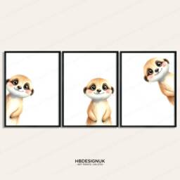 Peeking Meerkat Prints - Set Of 3 Nursery Posters - Animal Playroom Decor Gender Neutral Baby Wall Art Peekaboo Bear Poster Print A3/A4 - thumbnail 1