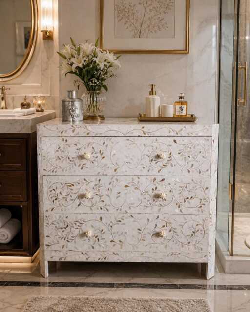 Designer Mother Of Pearl Inlay Floral Pattern Chest 3 Drawers Dresser - image 1