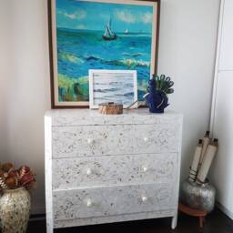 Designer Mother Of Pearl Inlay Floral Pattern Chest 3 Drawers Dresser - thumbnail 4