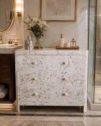 Designer Mother Of Pearl Inlay Floral Pattern Chest 3 Drawers Dresser - thumbnail 1