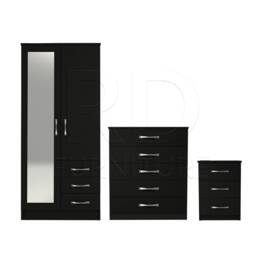 Bedroom Set, Black Set, Wardrobe, Mirrored Chest Of Drawers & Bedside Table. Ready Assembled