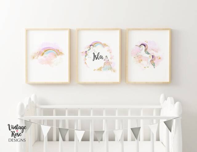 Set Of 3 Nursery Prints, Unicorn Wall Decor, Art, Personalised Gift For New Baby, Magical Decor - image 1