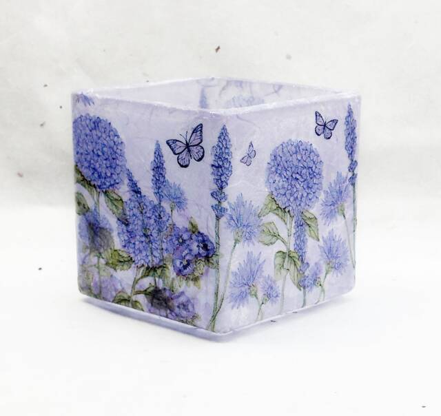 Wildflowers & Butterflies Square Glass Tealight Holder, Purple Candle Home Decor, Gift Boxed - image 1