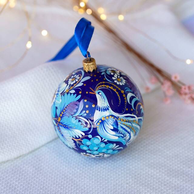 Hand-Painted Bird Christmas Ornament - Ukrainian With Fairy Bird, Blue Flower Bauble, Unique Blue Ball - image 1
