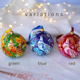 Hand-Painted Bird Christmas Ornament - Ukrainian With Fairy Bird, Blue Flower Bauble, Unique Blue Ball - thumbnail 2