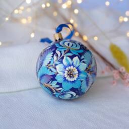 Hand-Painted Bird Christmas Ornament - Ukrainian With Fairy Bird, Blue Flower Bauble, Unique Blue Ball - thumbnail 3