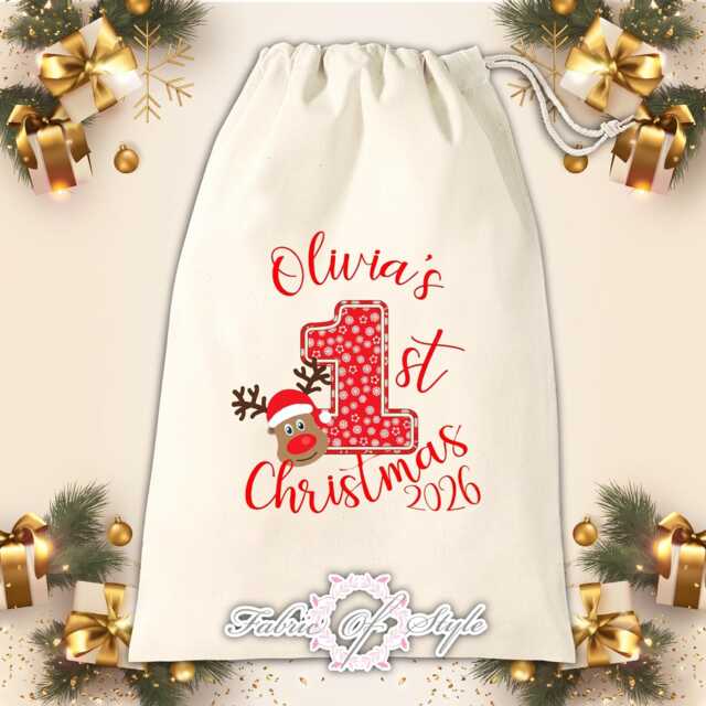 Personalised My First Christmas Santa Sack, Custom 1St Reindeer Present Bag, Baby Xmas Stocking - image 1