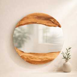 Made To Order, Olive Wood Round Wall Mirror, Live Edge Wooden Frame Mirror Decor, Art, Small-Large - thumbnail 3