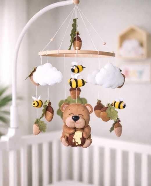 Handmade Felt Bear Baby Mobile, Honey Bees, Woodland Nursery Crib Decor Boho Style - image 1