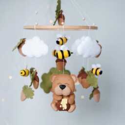 Handmade Felt Bear Baby Mobile, Honey Bees, Woodland Nursery Crib Decor Boho Style - thumbnail 3