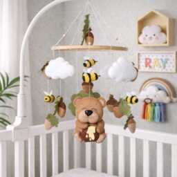 Handmade Felt Bear Baby Mobile, Honey Bees, Woodland Nursery Crib Decor Boho Style - thumbnail 2
