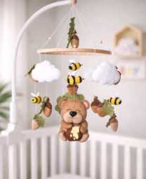 Handmade Felt Bear Baby Mobile, Honey Bees, Woodland Nursery Crib Decor Boho Style