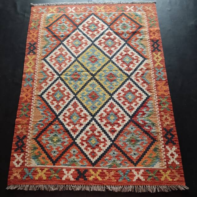 Kilim Rug Tribal, Handmade Artisan Afghan Turkish Aztec Geometric Wool 173x128 cm - image 1