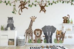 Kids Jungle Wall Decals Large Safari Animals - Repositionable Stickers, Nursery Art Print, Cute Monkey Hanging, Easy Apply Vinyl