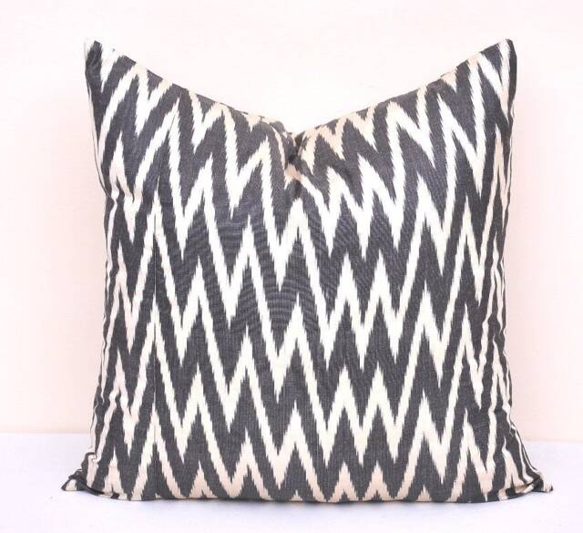 Black Chevron Ikat Pillow Cover, Handloom Silk Cotton Cushion - 20x20 - image 1
