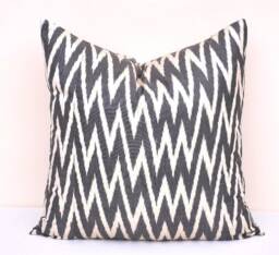 Black Chevron Ikat Pillow Cover, Handloom Silk Cotton Cushion - 20x20 - thumbnail 1