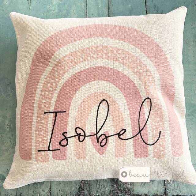 Personalised Rainbow Gift Child Name Pastel Design Home Quote Boho Linen Style Cushion Cover - image 1