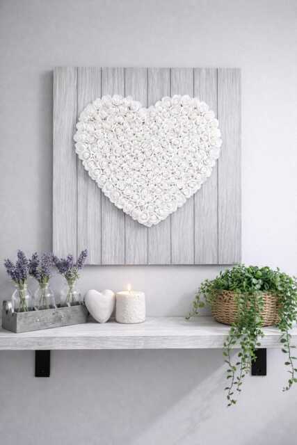 Decorative Wooden Heart Panel - Rustic Home Decor Farmhouse Bedroom Wall Art White Rose in 45 cm X - image 1