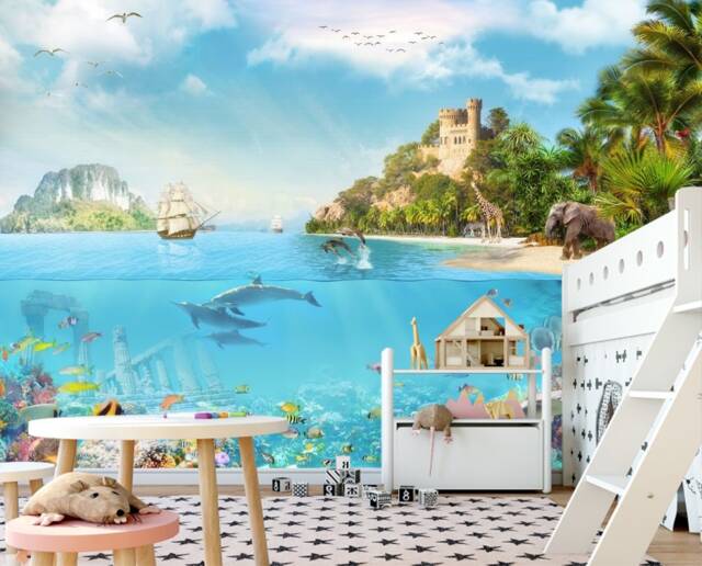 Dolphin Wall Mural Kids Paper Safari Animal Decal Peel & Stick Fish Wallpaper Customizable Ocean Wall Removable - image 1