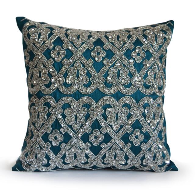 Teal Sequin Throw Pillow Geometric Trellis Silk Pillow Cover - image 1