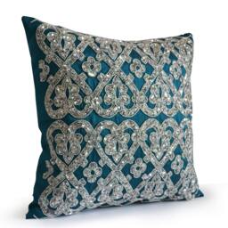 Teal Sequin Throw Pillow Geometric Trellis Silk Pillow Cover - thumbnail 2