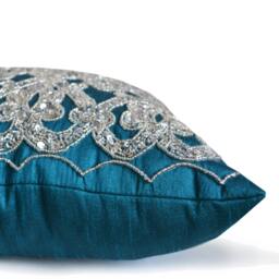 Teal Sequin Throw Pillow Geometric Trellis Silk Pillow Cover - thumbnail 3