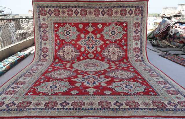 Red 9x12 Kazak Area Rug, Afghan Hand Knotted Veg Dyes Wool Rug For Living Room, Bedroom Dining Table Rug, Caucasian Design Oriental Rug - image 1