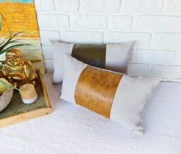 Color Block Pillow Cover Faux Leather & Linen Look Fabric - thumbnail 1