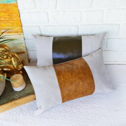 Color Block Pillow Cover Faux Leather & Linen Look Fabric - thumbnail 3