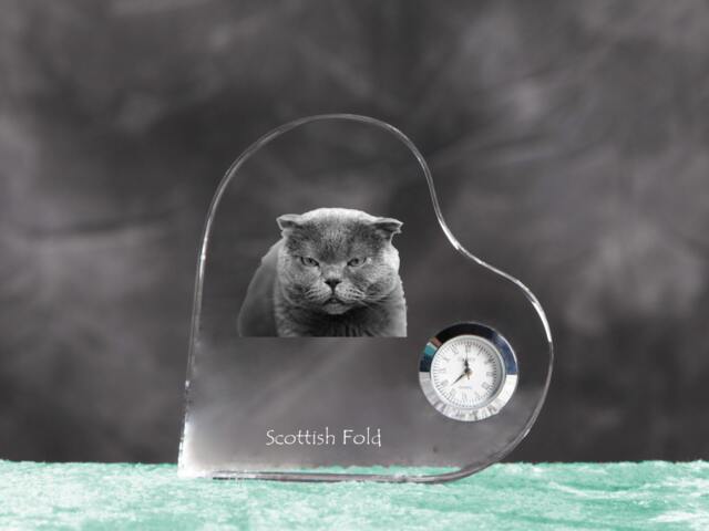 Scottish Fold - Crystal Clock in The Shape Of A Heart With Image Pure-Bred Cat - image 1
