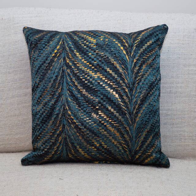 Luxury Metallic Feather Fan Boudoir Cushion in Teal Blue. Turquoise Blue With Shiny Copper & Gold Detailing. 17x12 - image 1