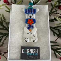 Cute Polar Bear Fused Glass Decoration, Christmas Fused Glass Ornament, Cornwall, Cornish - thumbnail 3