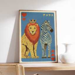 Japanese Animal Playing Card Art Print, Retro Lion & Zebra Poster, Mid Century Modern Wall Art, Vintage Pop Decor - thumbnail 2