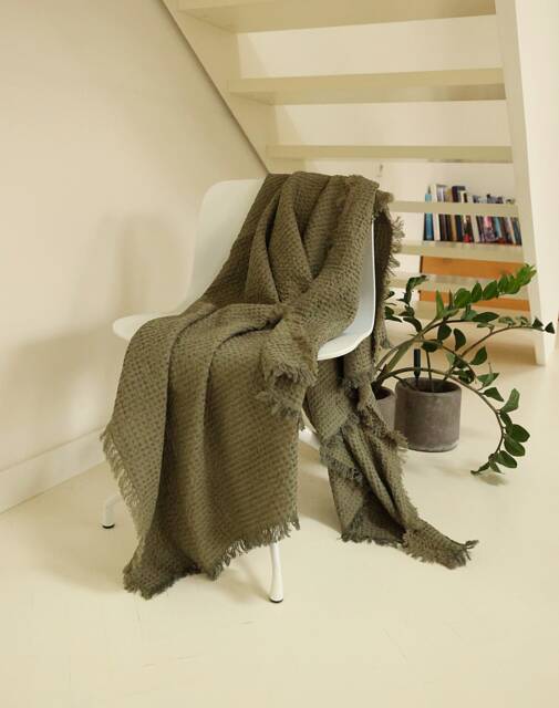 Forest Green Linen Cotton Waffle Throw Blanket With Fringe - image 1