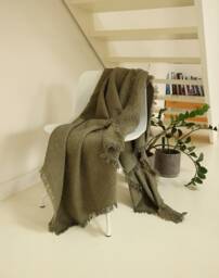 Forest Green Linen Cotton Waffle Throw Blanket With Fringe