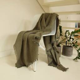 Forest Green Linen Cotton Waffle Throw Blanket With Fringe - thumbnail 3