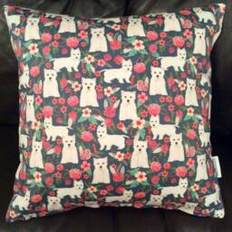 Westie Dog Print Cushion Cover With Dark Blue & Pink Floral Design - Home Decor, Pillow Cover, Home & Living, 38x38cms - thumbnail 4