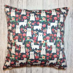Westie Dog Print Cushion Cover With Dark Blue & Pink Floral Design - Home Decor, Pillow Cover, Home & Living, 38x38cms