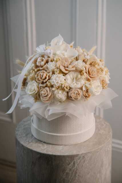 Neutral Rose Candle Arrangement in Woven Hatbox, Beige Cream Floral Gift - image 1
