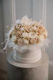 Neutral Rose Candle Arrangement in Woven Hatbox, Beige Cream Floral Gift - thumbnail 1