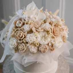 Neutral Rose Candle Arrangement in Woven Hatbox, Beige Cream Floral Gift - thumbnail 3