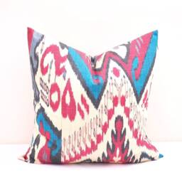 Handmade Silk Cotton Ikat Pillow Cover, Decorative Cushion - 20x20 In - thumbnail 1