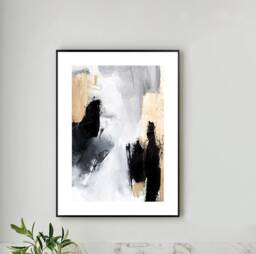 Black Grey Gold Abstract Canvas Texture Detail Wall Art Print Home Decor Poster, Lounge, Hallway, Bathroom, Kitchen, Bedroom, Decor - thumbnail 1