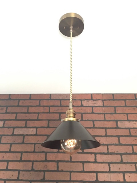 "Industrial Pendant Light -Antique Brass 8"" Black Cone Shade With Patented ""Huila Connector" - image 1