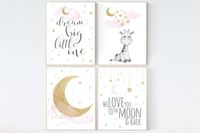 Giraffe Nursery Decor Pink & Gold Moon & Stars Art Print - image 1